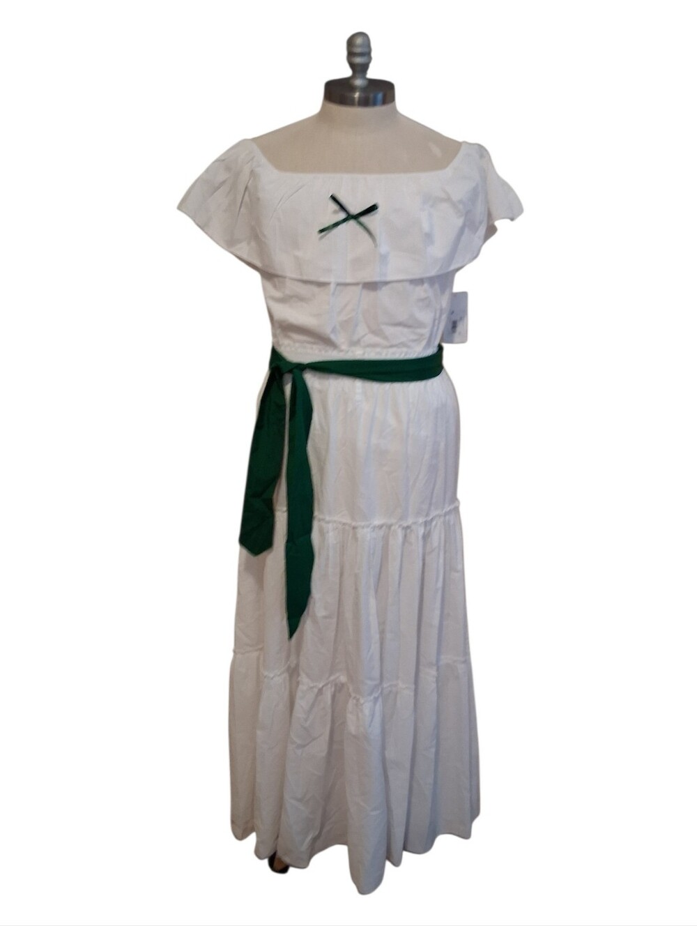 White Off-Shoulder Maxi Dress with Green Sash